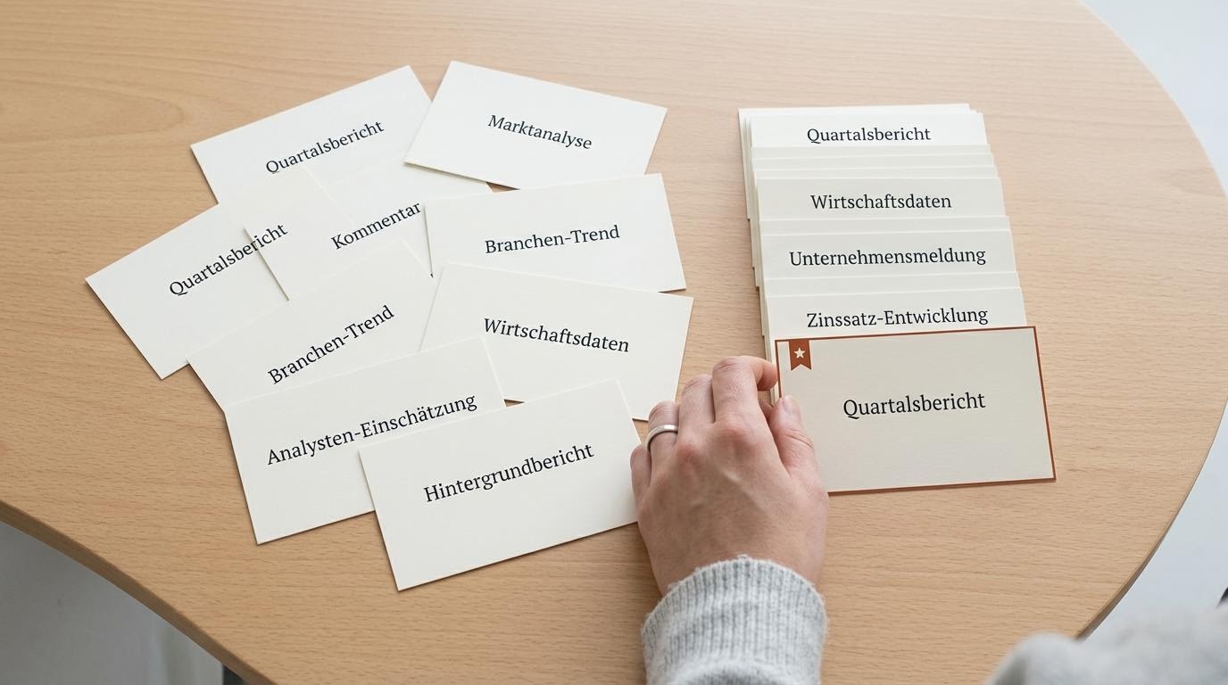 Aufgefächerte Beispiel-Schlagzeilen zu Märkten, die ruhig sortiert werden
