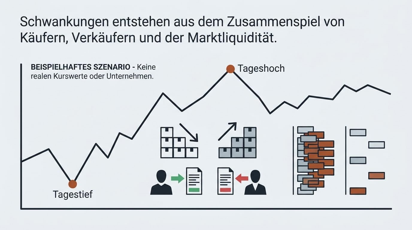 Beispielhafte Schwankungsbreite eines Kurses über einen Tag mit Angebot und Nachfrage